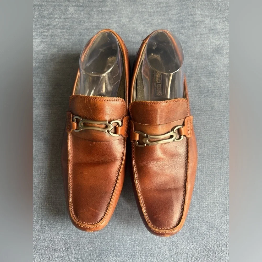 Stacy Adams Brown Leather Loafers Mens SZ 9.5M Slip On Chain Accent Professional